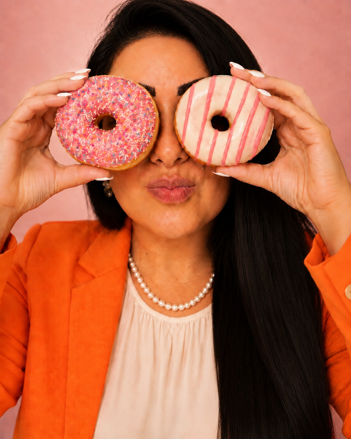 Mariana Alves brincando com dois donuts coloridos na frente dos olhos